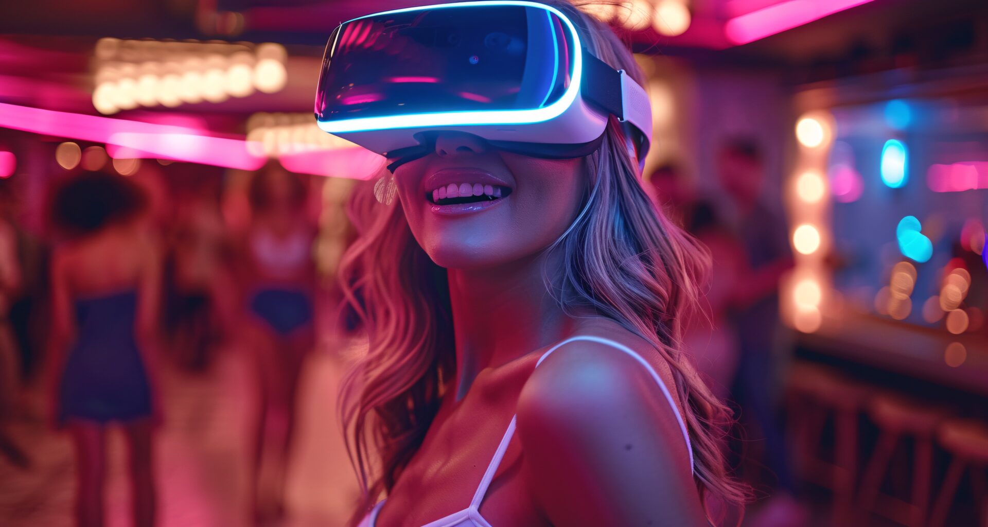 Žena s VR brýlemi se usmívá na party s neonovým osvětlením.