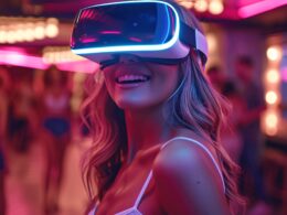 Žena s VR brýlemi se usmívá na party s neonovým osvětlením.