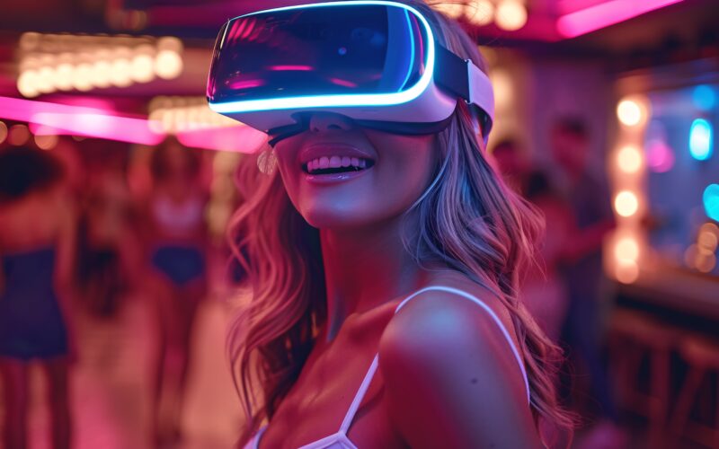 Žena s VR brýlemi se usmívá na party s neonovým osvětlením.