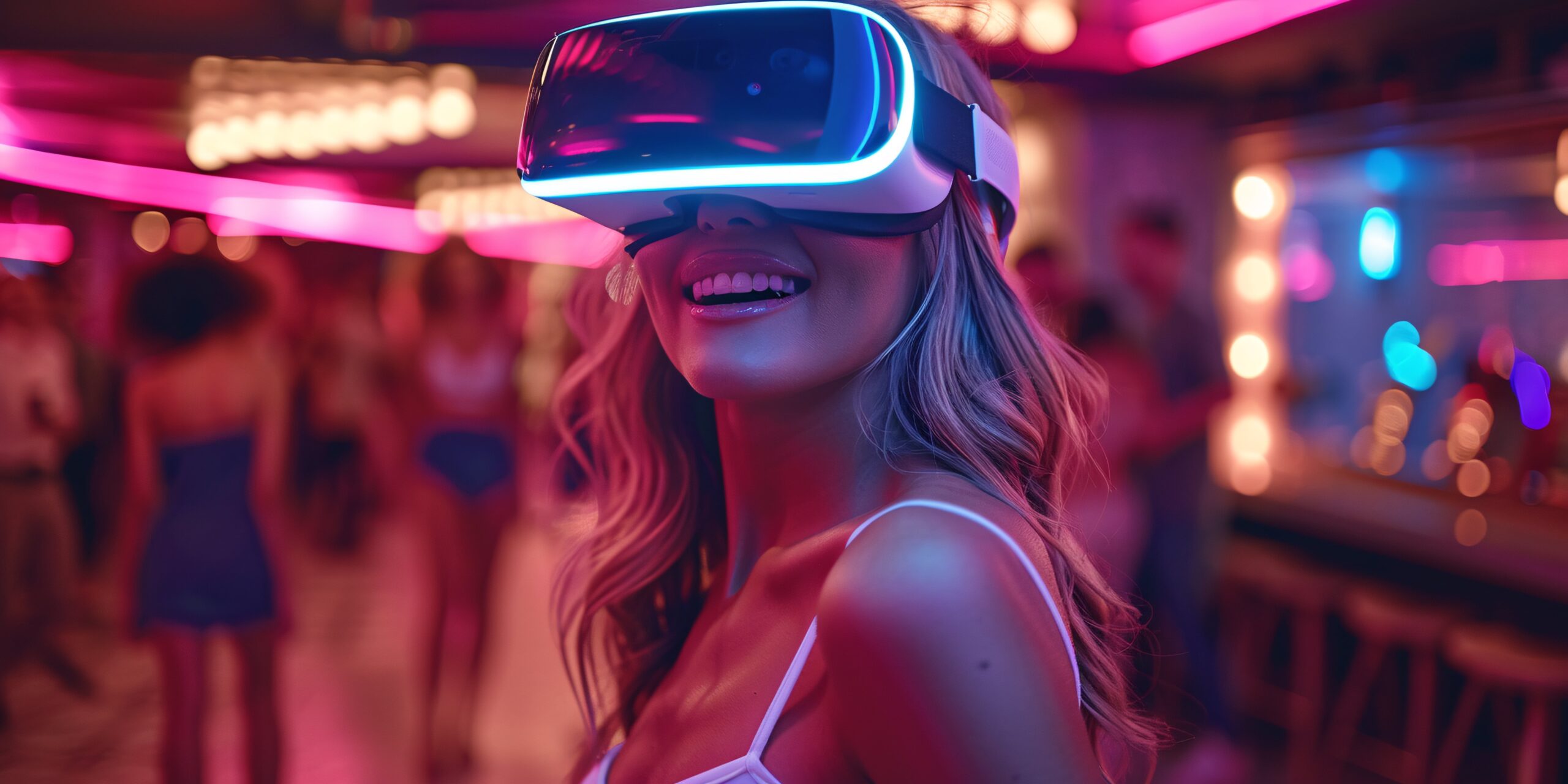 Žena s VR brýlemi se usmívá na party s neonovým osvětlením.