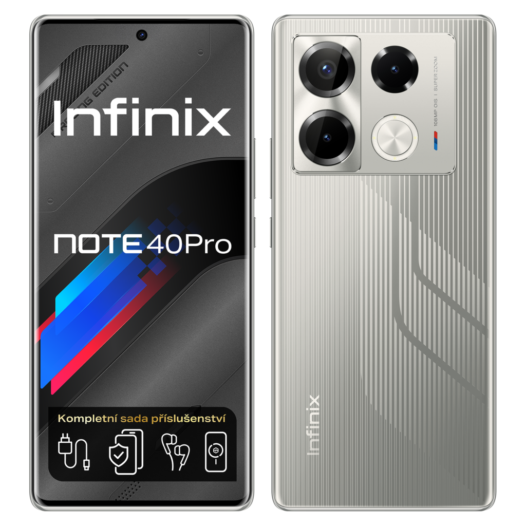 Mobilní telefon Infinix Note 40 Pro, pohled zepředu a zezadu.