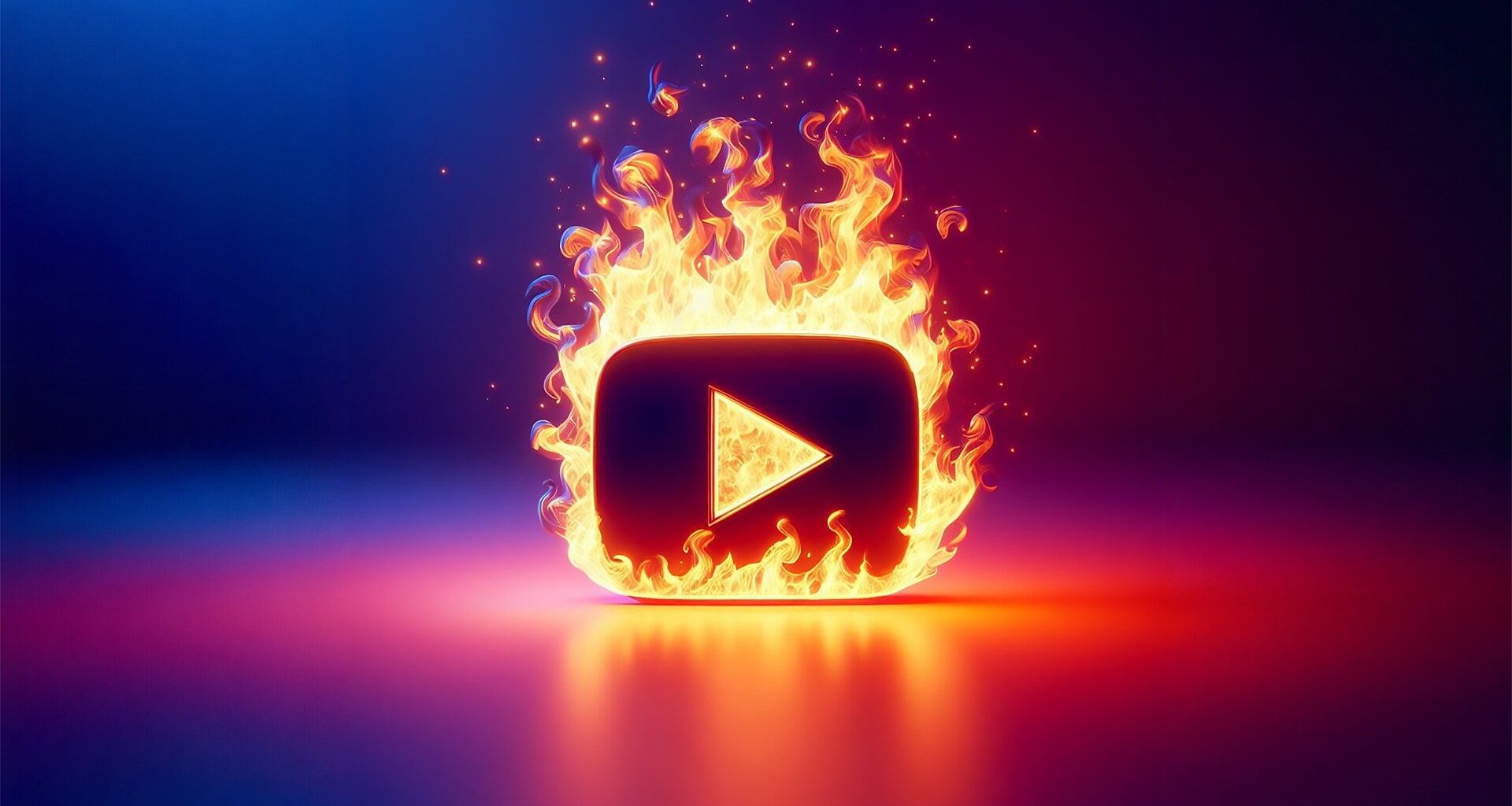 Ikona přehrávání obklopená plameny na barevném pozadí.