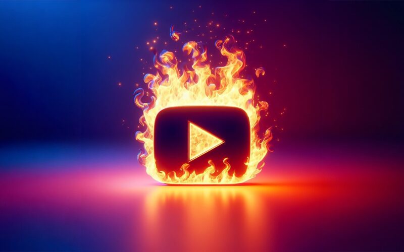 Ikona přehrávání obklopená plameny na barevném pozadí.