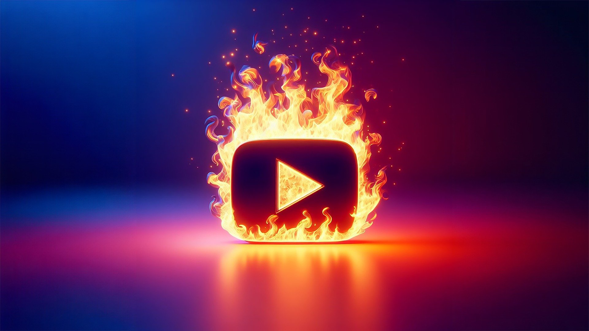 Ikona přehrávání obklopená plameny na barevném pozadí.