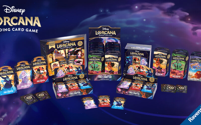 Disney Lorcana Trading Card Game produkty zobrazené na tmavém pozadí s logem Ravensburger.