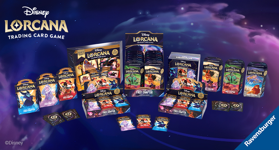 Disney Lorcana Trading Card Game produkty zobrazené na tmavém pozadí s logem Ravensburger.