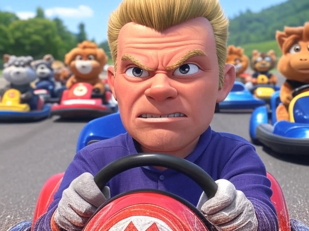 Animovaná postava s naštvaným výrazem řídí motokáru, na trati jsou další zvířecí postavy.