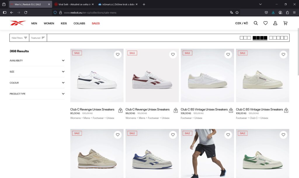 Webová stránka s nabídkou pánských unisex tenisek Reebok v akci, zobrazující několik modelů a ceny.