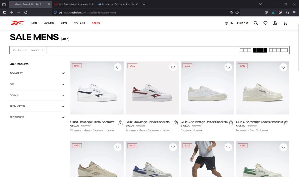 Reebok webová stránka s výprodejem pánských tenisek, s obrázky různých modelů a cen.
